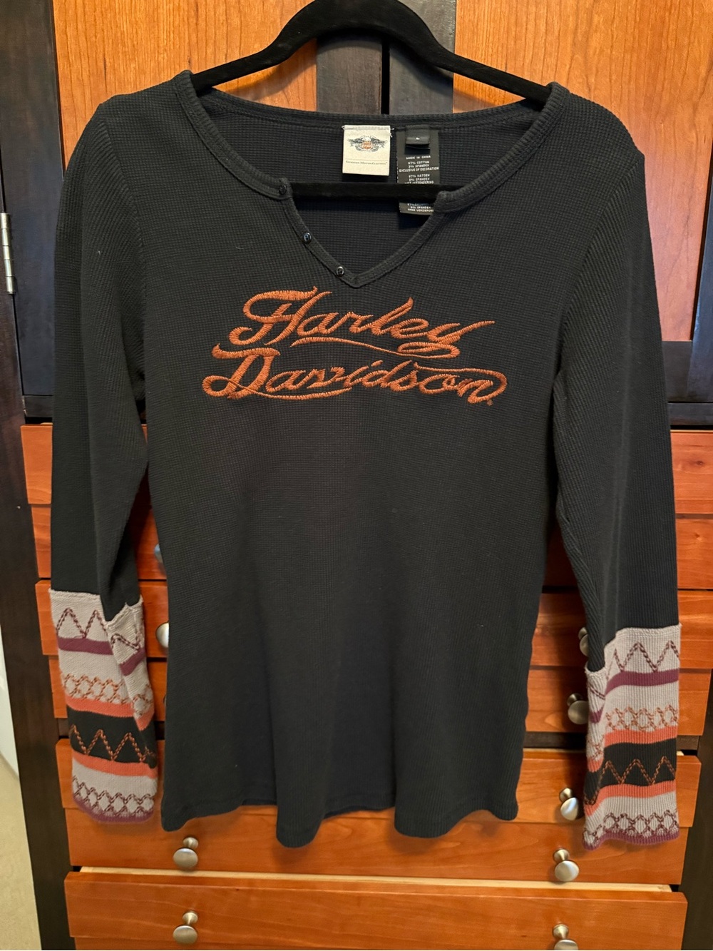 Harley-Davidson Black Long-Sleeve Thermal Top with Rust Logo and Patterned Cuffs